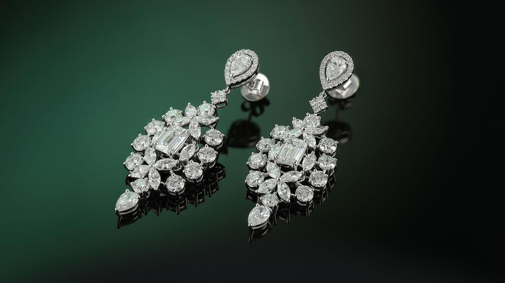 The “Jaipur” earrings include round, marquise, pear and emerald cut VS2 lab-grown diamonds totaling 18.83 carats set in 14-karat white gold. ($22,000) Grown Brilliance lab-grown diamond Jaipur Earrings